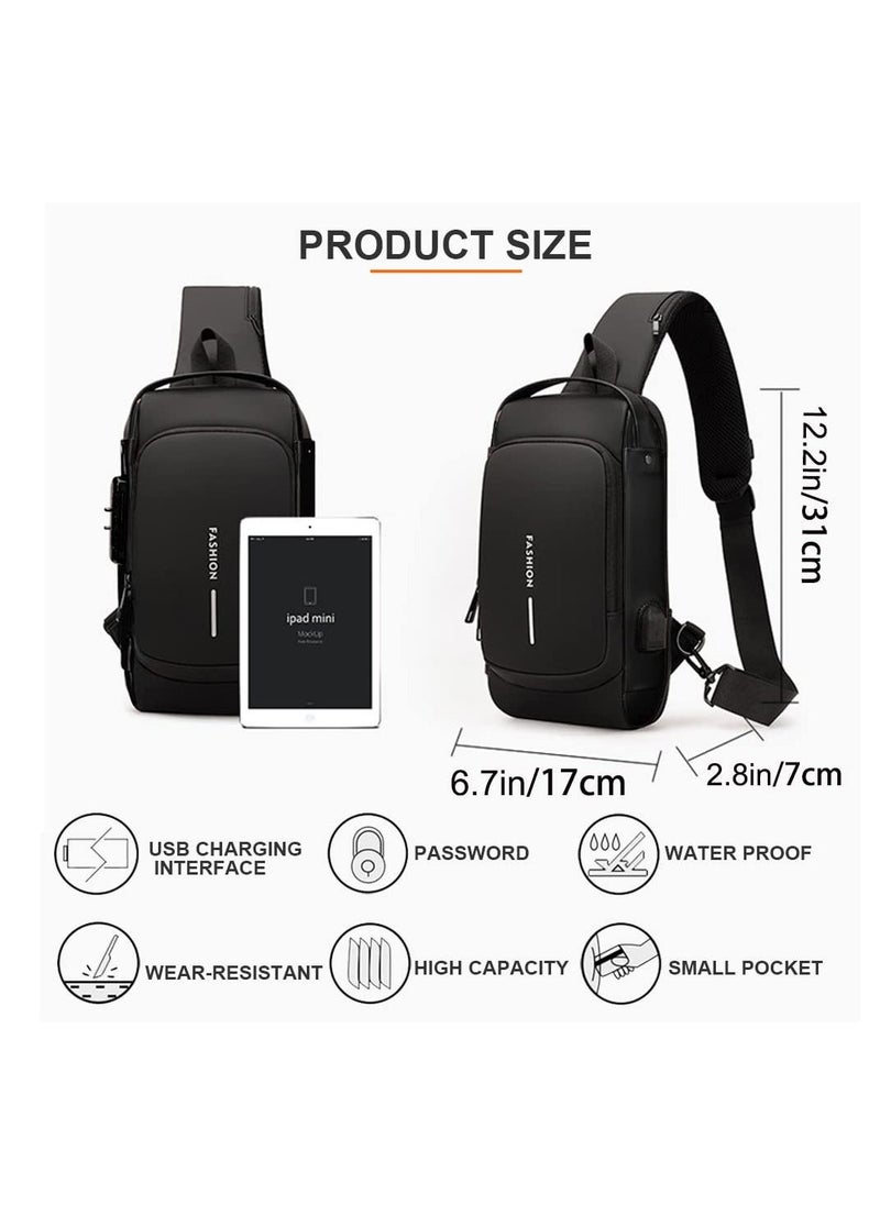 Anti Theft Crossbody Sling Bag, Waterproof Chest Daypack with USB Charging Port, Multi-functional Large-Capacity Lightweight Shoulder Bag with Combination Lock, Shoulder Backpack for Men Women, Black