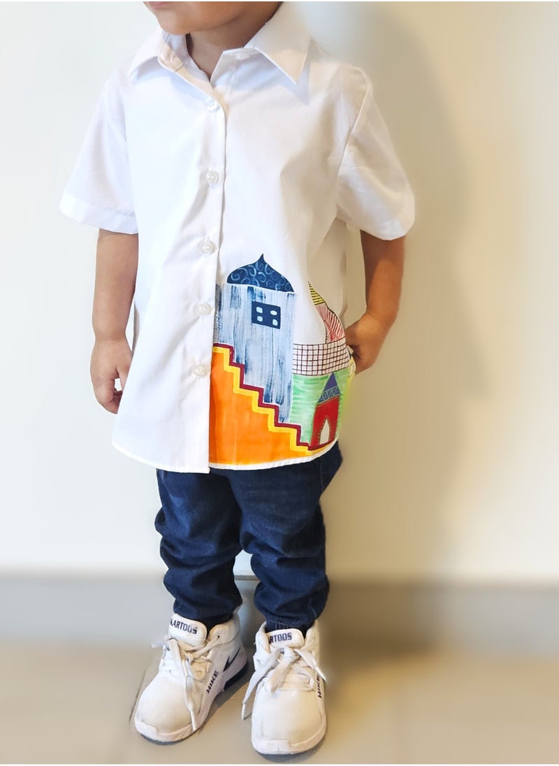 Hand Painted Kids’ Button-Up Shirt, Unique Artistic Design, White Cotton Shirt with Colorful Cartoon Arabian Nights Building Print, Soft & Stylish Outfit for Boys and Girls, Handcrafted Unisex Design