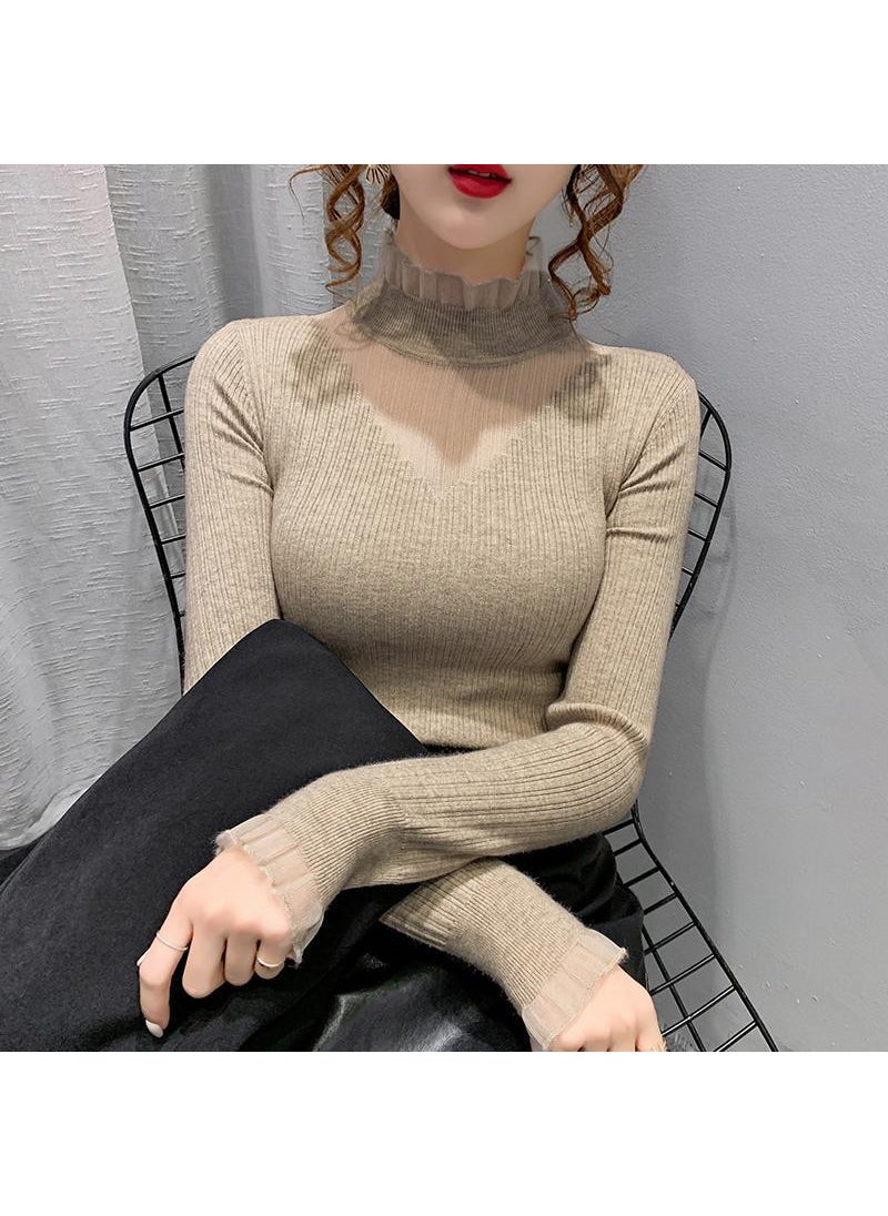 Lace Spliced Turtleneck Sweater Women Autumn Light coffee