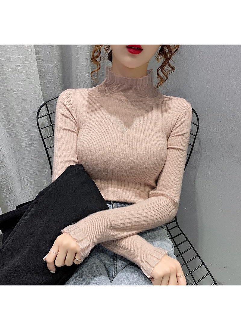 Lace Spliced Turtleneck Sweater Women Autumn Pink