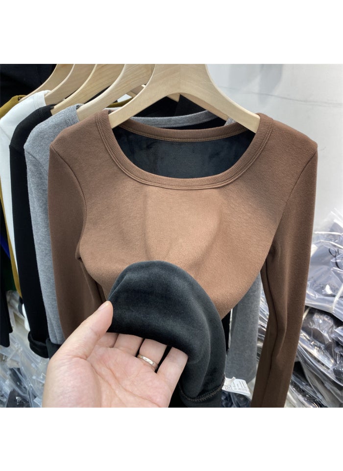 Velvet Thick Square Neck Womens Slimming Long Sleeve Top Brown