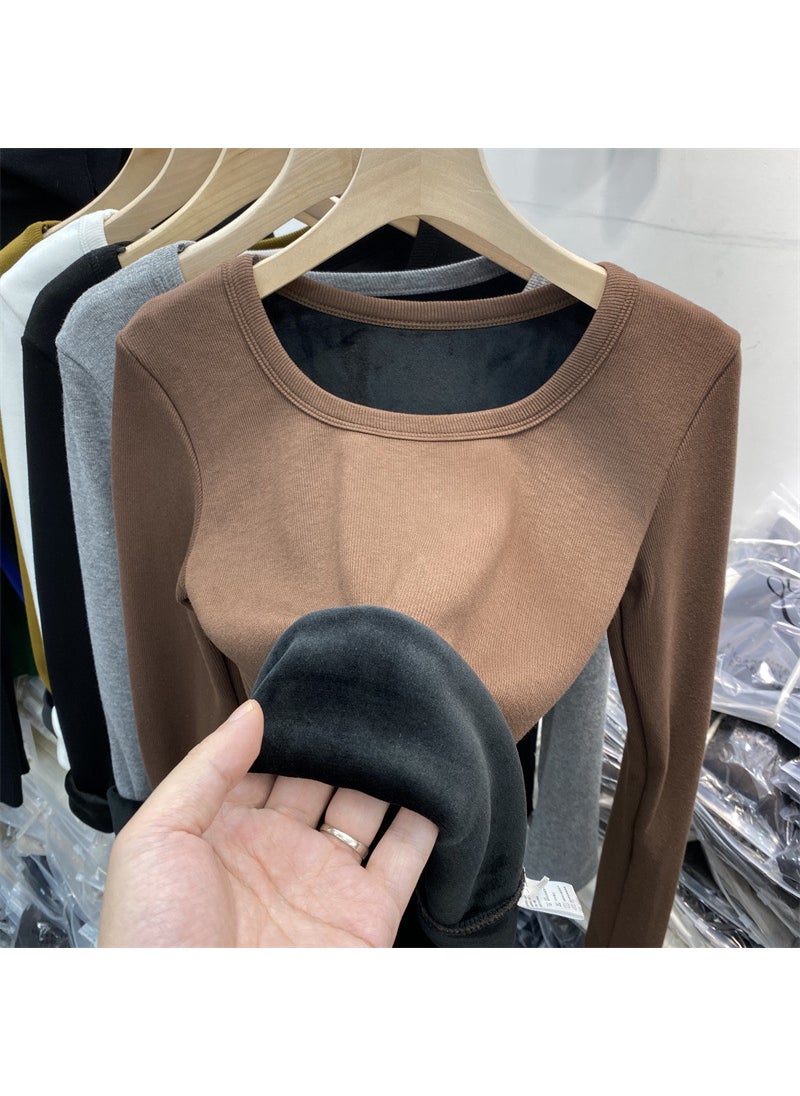 Velvet Thick Square Neck Womens Slimming Long Sleeve Top Brown