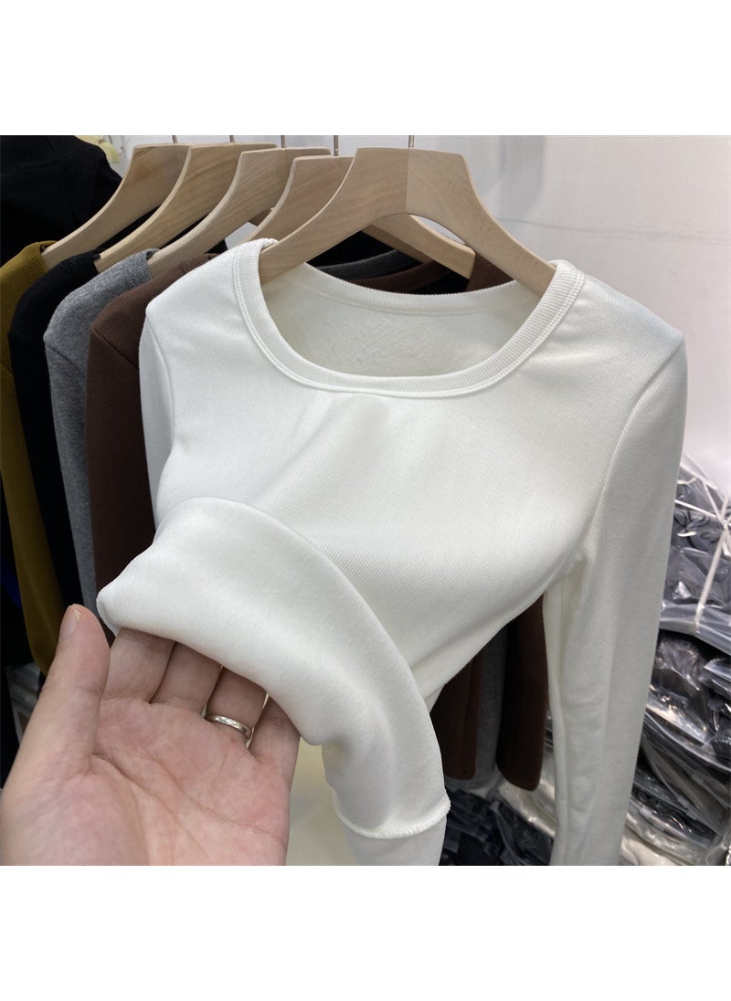 Velvet Thick Square Neck Womens Slimming Long Sleeve Top White