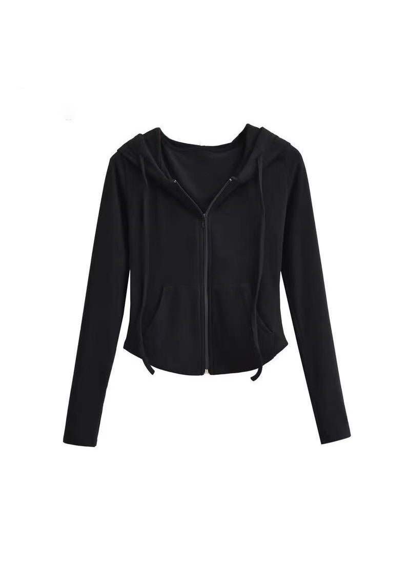 Chic Hooded Cardigan Sweatshirt SlimFit Casual Women Spring Autumn Black