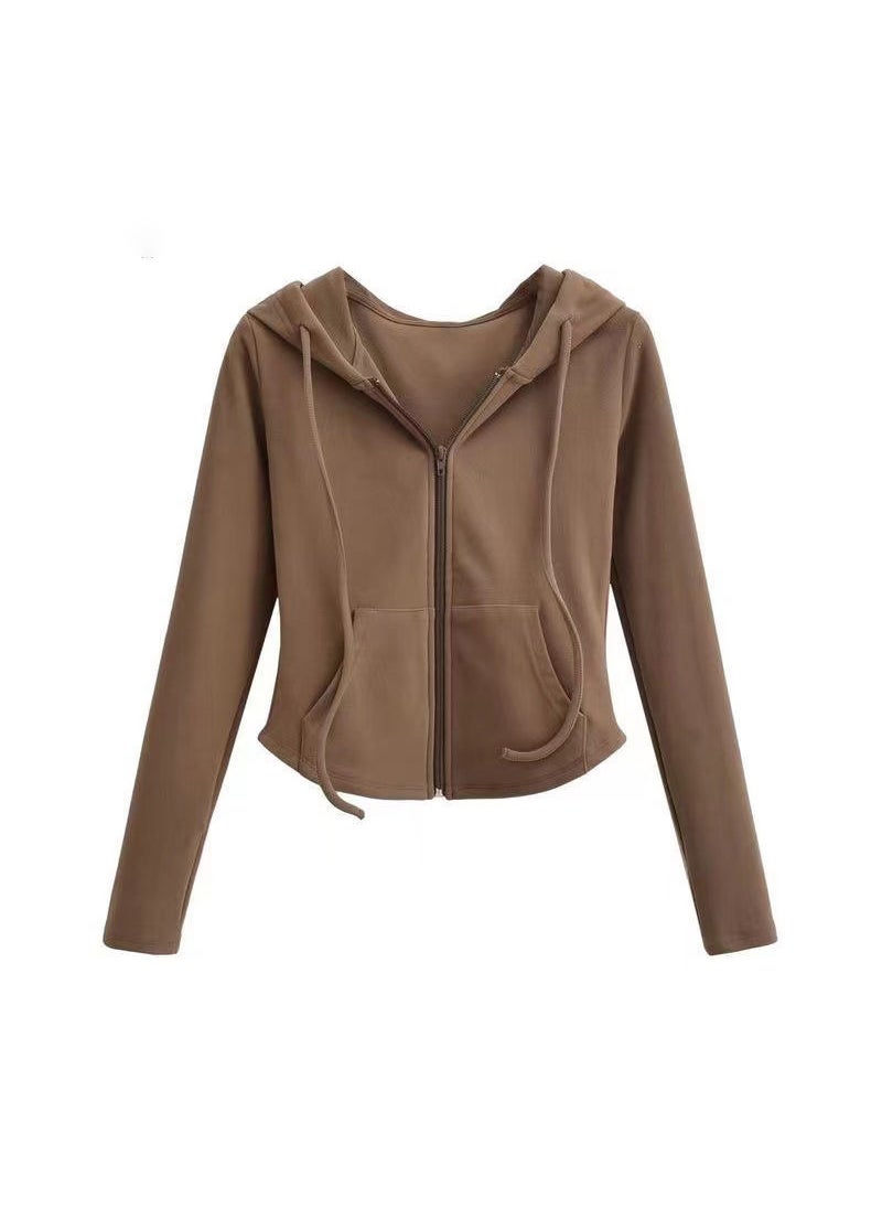 Chic Hooded Cardigan Sweatshirt SlimFit Casual Women Spring Autumn Brown