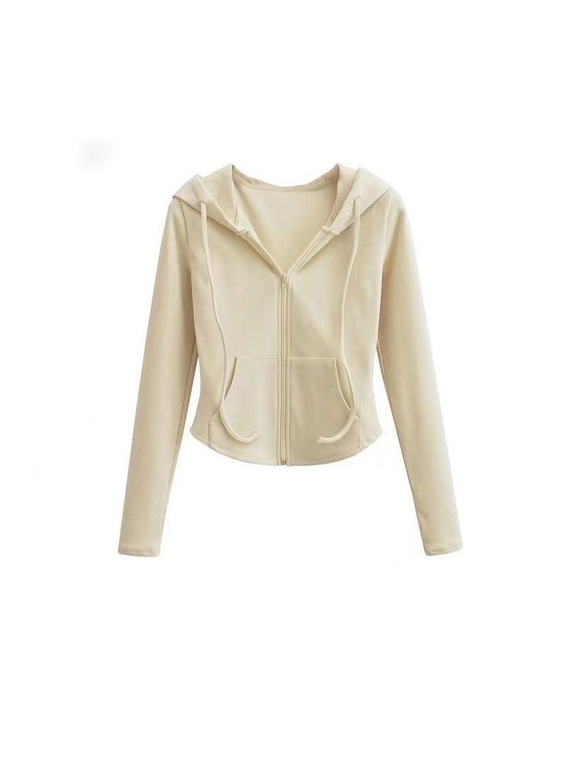 Chic Hooded Cardigan Sweatshirt SlimFit Casual Women Spring Autumn Apricot