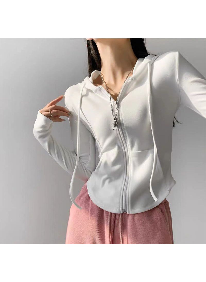 Chic Hooded Cardigan Sweatshirt SlimFit Casual Women Spring Autumn White