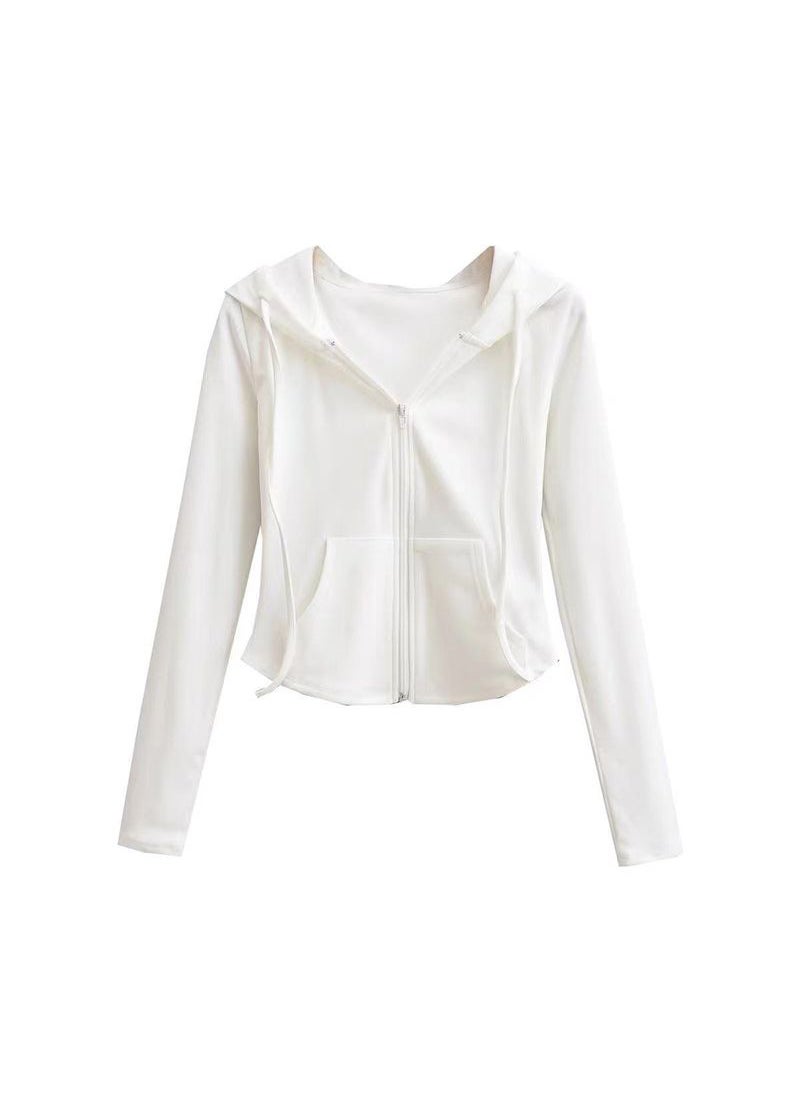 Chic Hooded Cardigan Sweatshirt SlimFit Casual Women Spring Autumn White