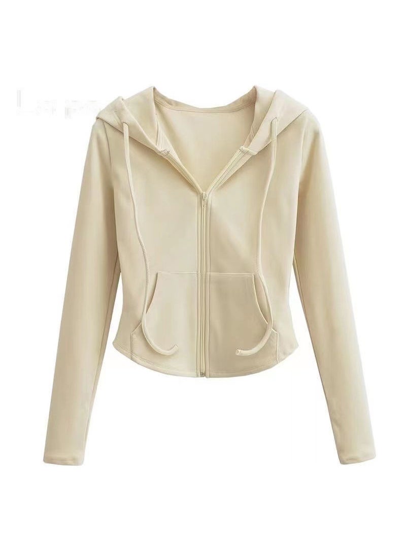 Chic Hooded Cardigan Sweatshirt SlimFit Casual Women Spring Autumn White