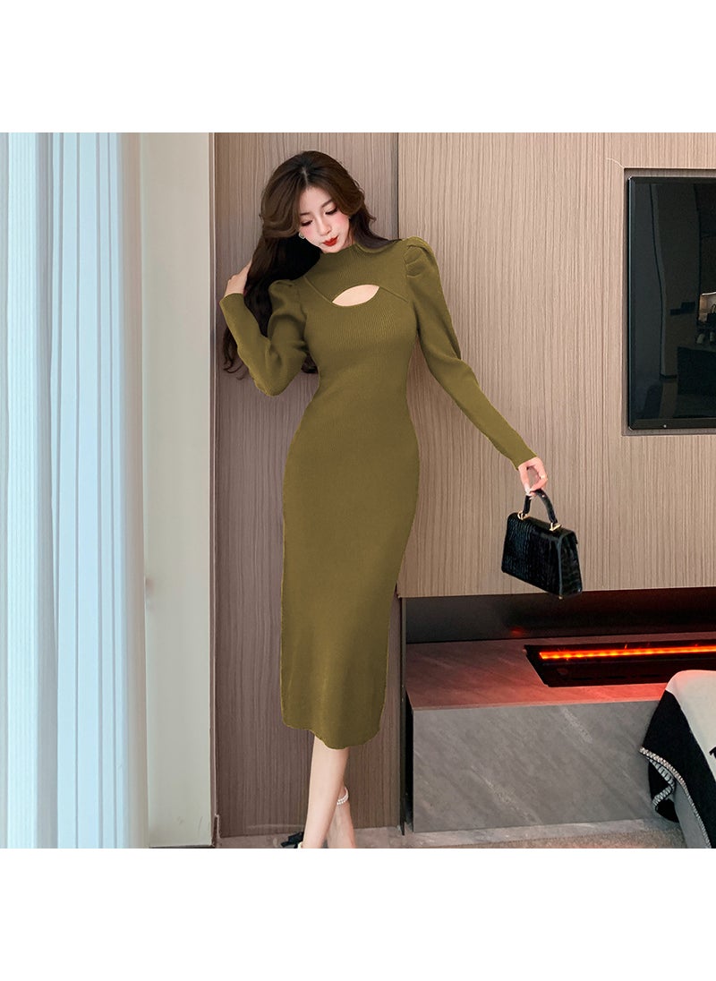 High-Quality Autumn Winter Turtleneck Sweater Dress Olive green