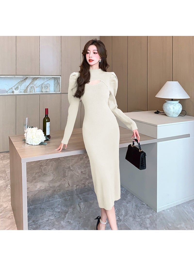 High-Quality Autumn Winter Turtleneck Sweater Dress Apricot