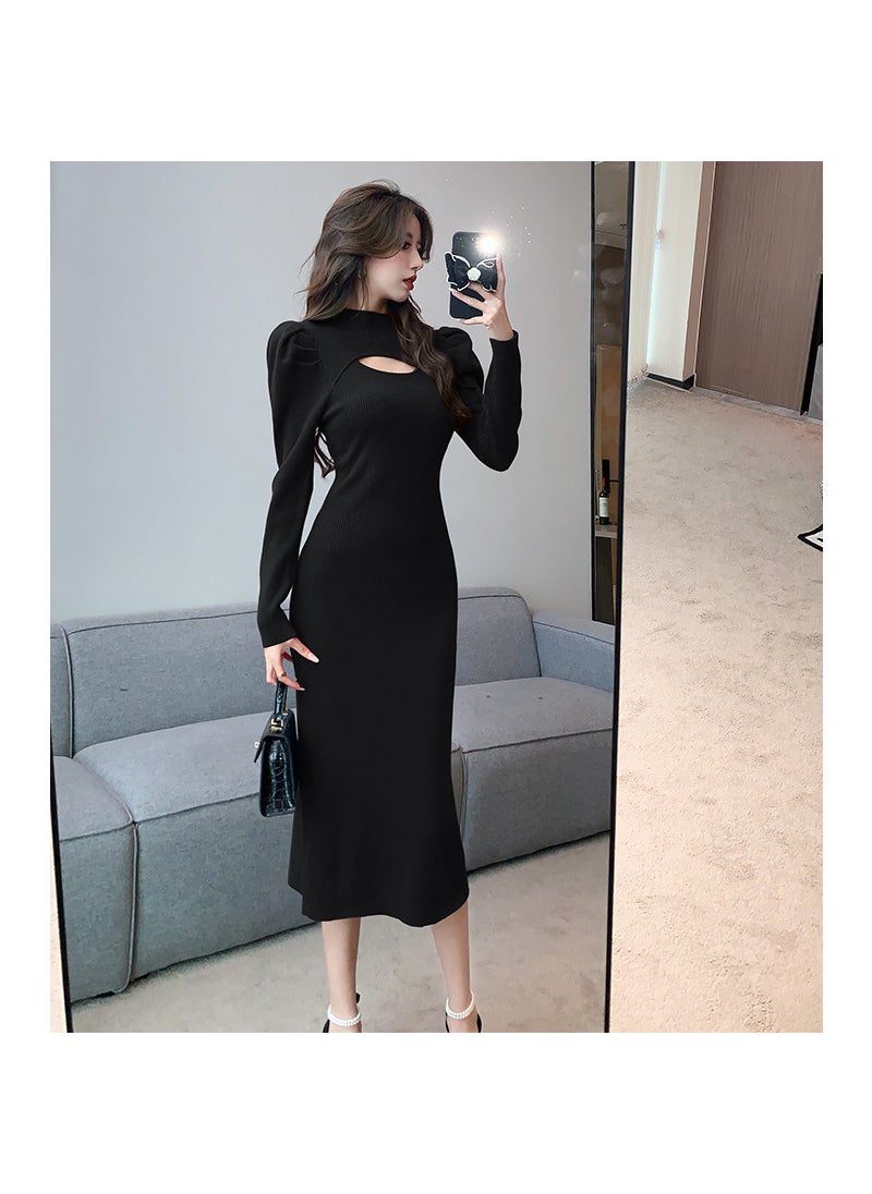 High-Quality Autumn Winter Turtleneck Sweater Dress Black