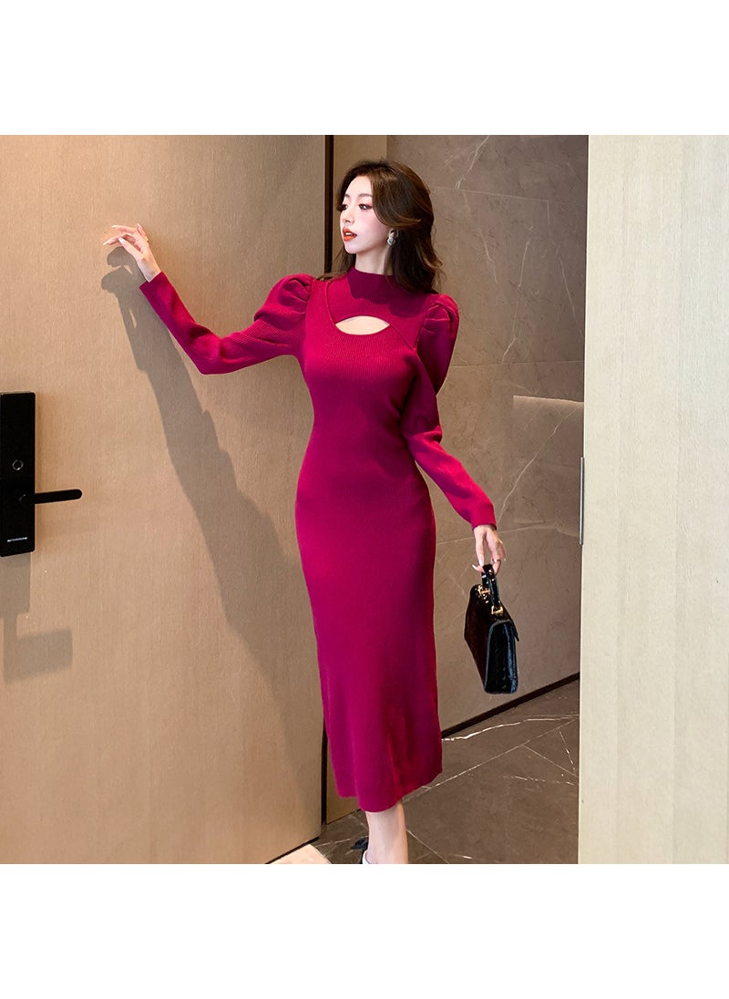 High-Quality Autumn Winter Turtleneck Sweater Dress Plum color