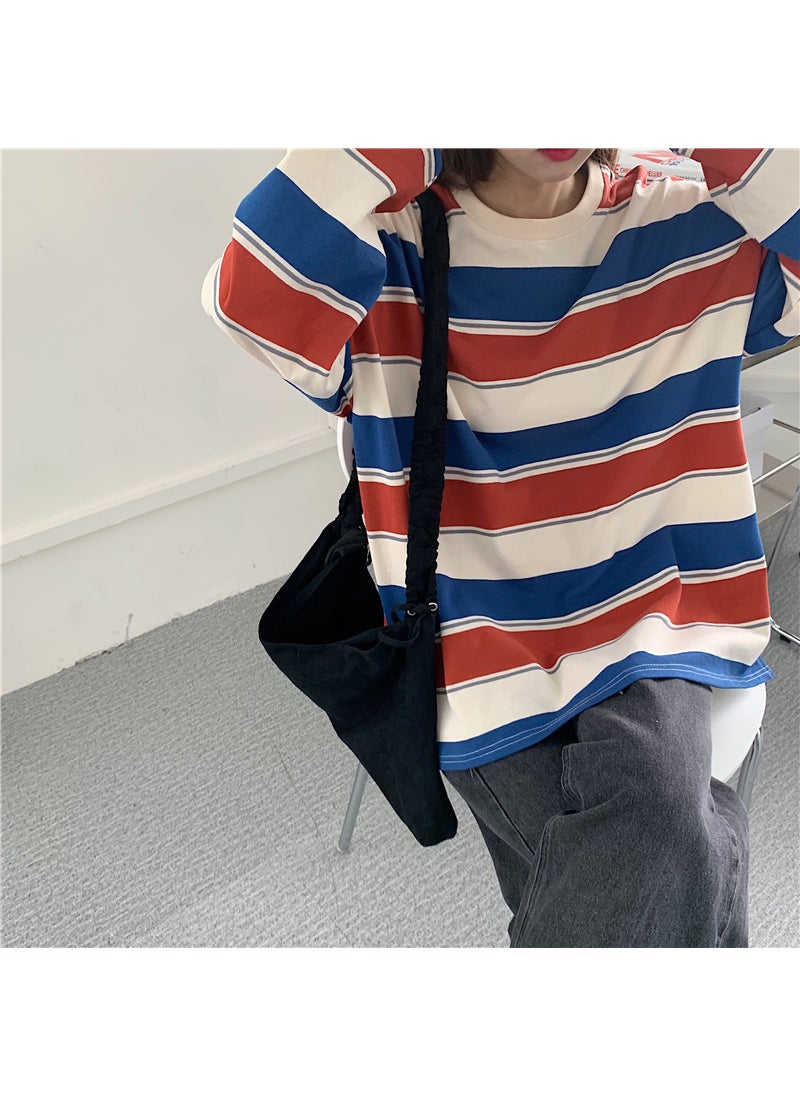 Round Neck Striped Sweater Womens Autumn Casual Loose Red and blue stripes