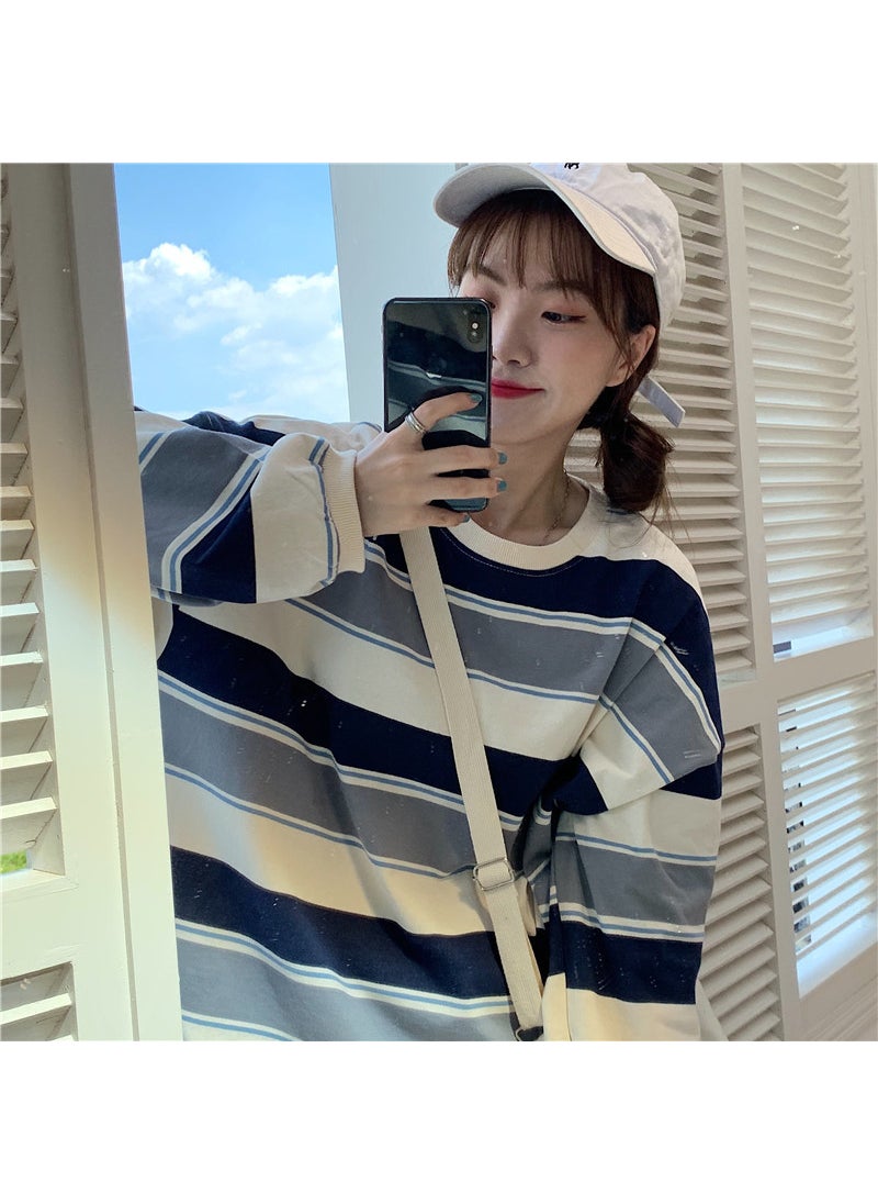 Round Neck Striped Sweater Womens Autumn Casual Loose Blue and gray stripes