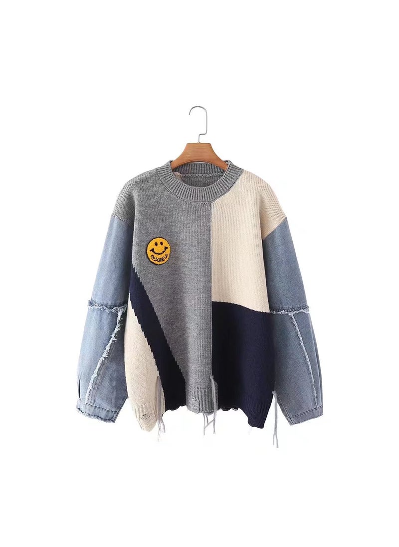 Autumn Winter Loose Denim Patchwork Smile Sweater White Gray