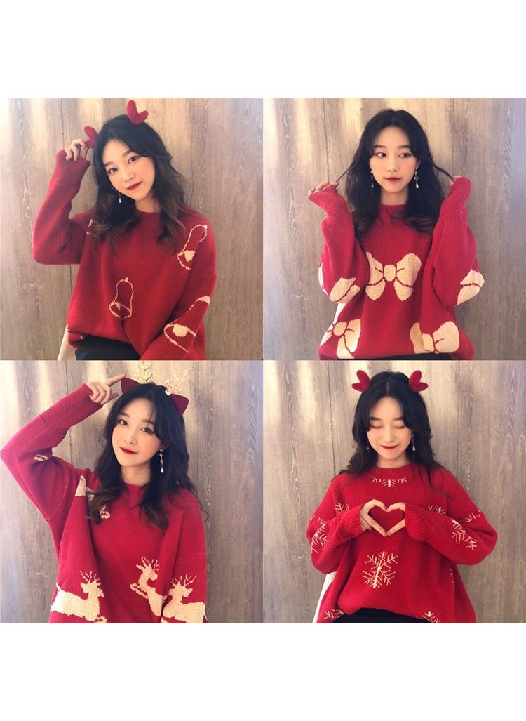 Christmas Red Jacquard Sweater Women Autumn New Knit Top Bow