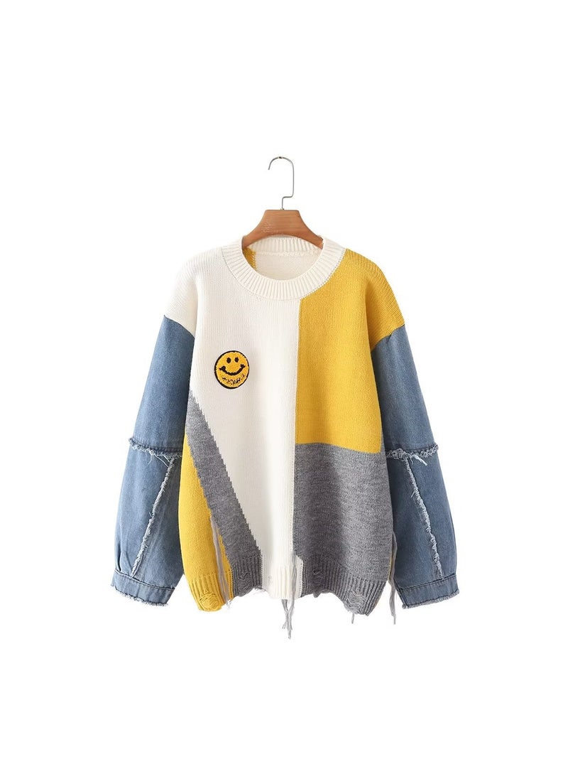 Autumn Winter Loose Denim Patchwork Smile Sweater White and Yellow