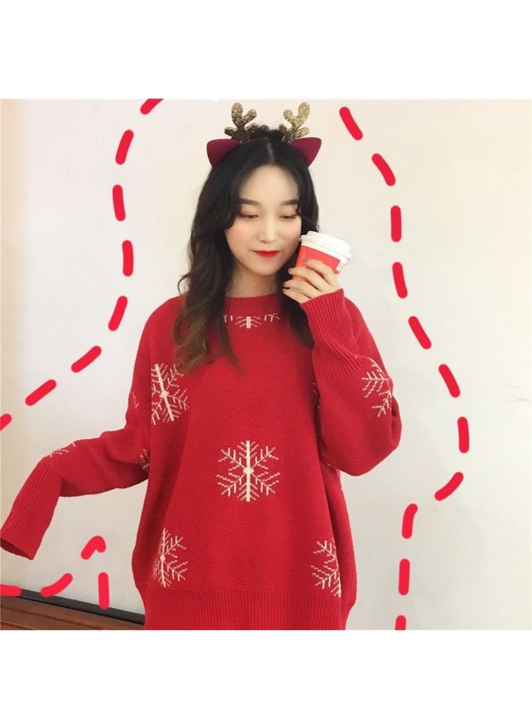 Christmas Red Jacquard Sweater Women Autumn New Knit Top Snowflake