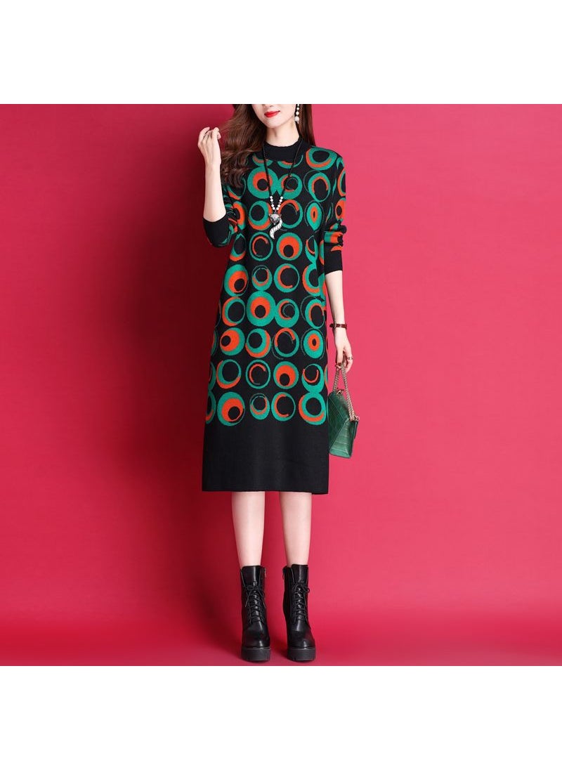 2023 Autumn Winter Knit Dress Fashion Loose Mid-Length Sweater Black and Green