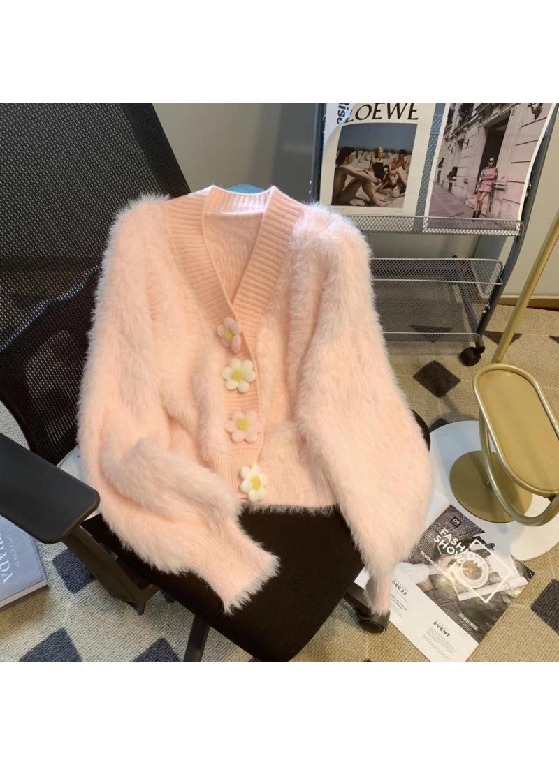 Thick Plush Mink Fur Cardigan V-Neck Sweater Women Autumn Winter Pink