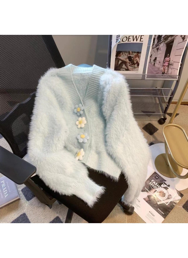 Thick Plush Mink Fur Cardigan V-Neck Sweater Women Autumn Winter Blue