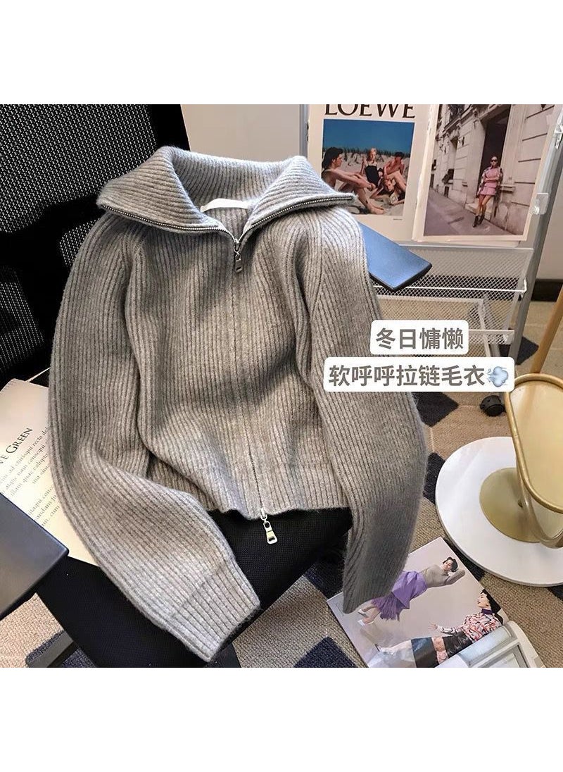 Autumn Winter Beige Zip-up Cardigan Lazy Style Knit Sweater Coat Gray