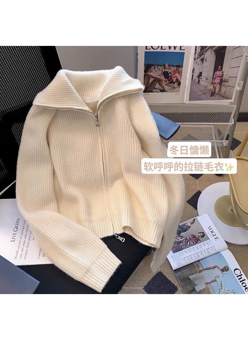 Autumn Winter Beige Zip-up Cardigan Lazy Style Knit Sweater Coat Off-white