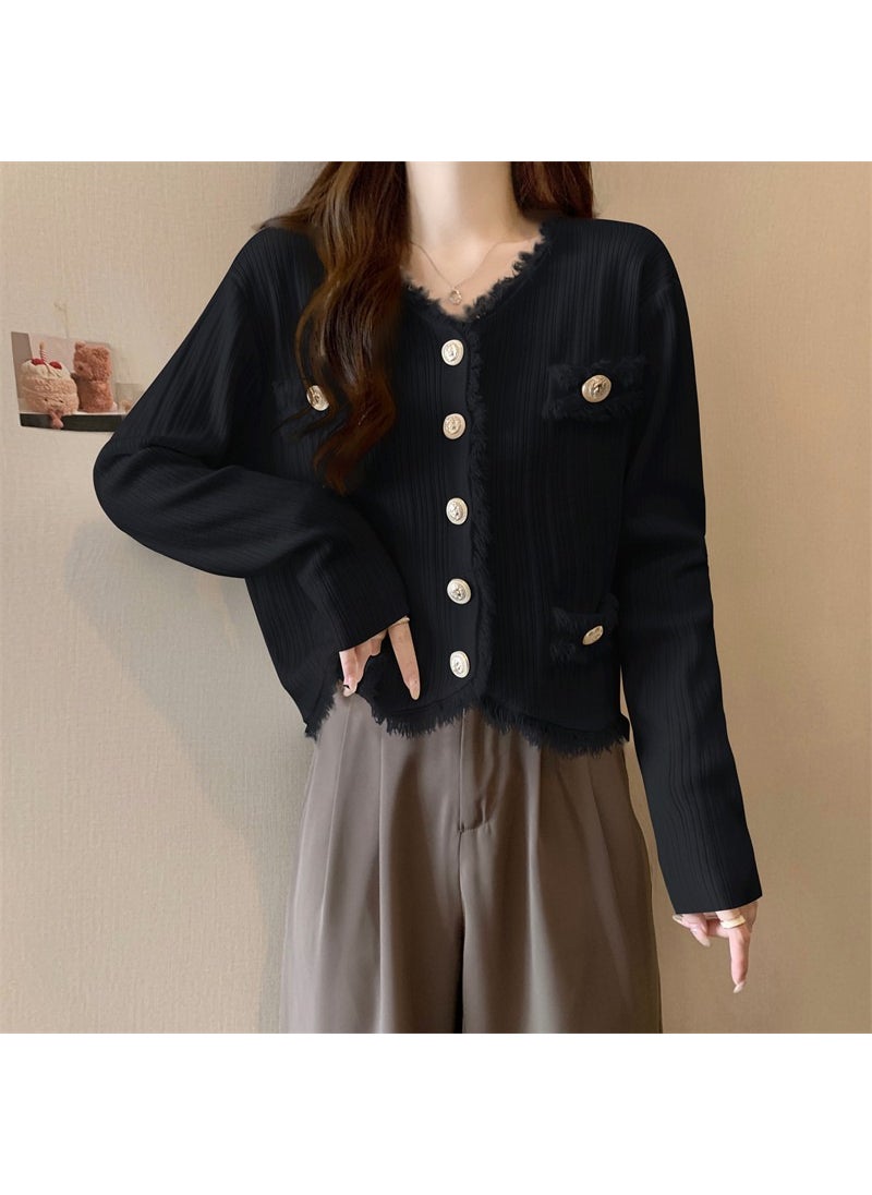 Korean Autumn Winter Chic V-Neck Cardigan Sweater Black