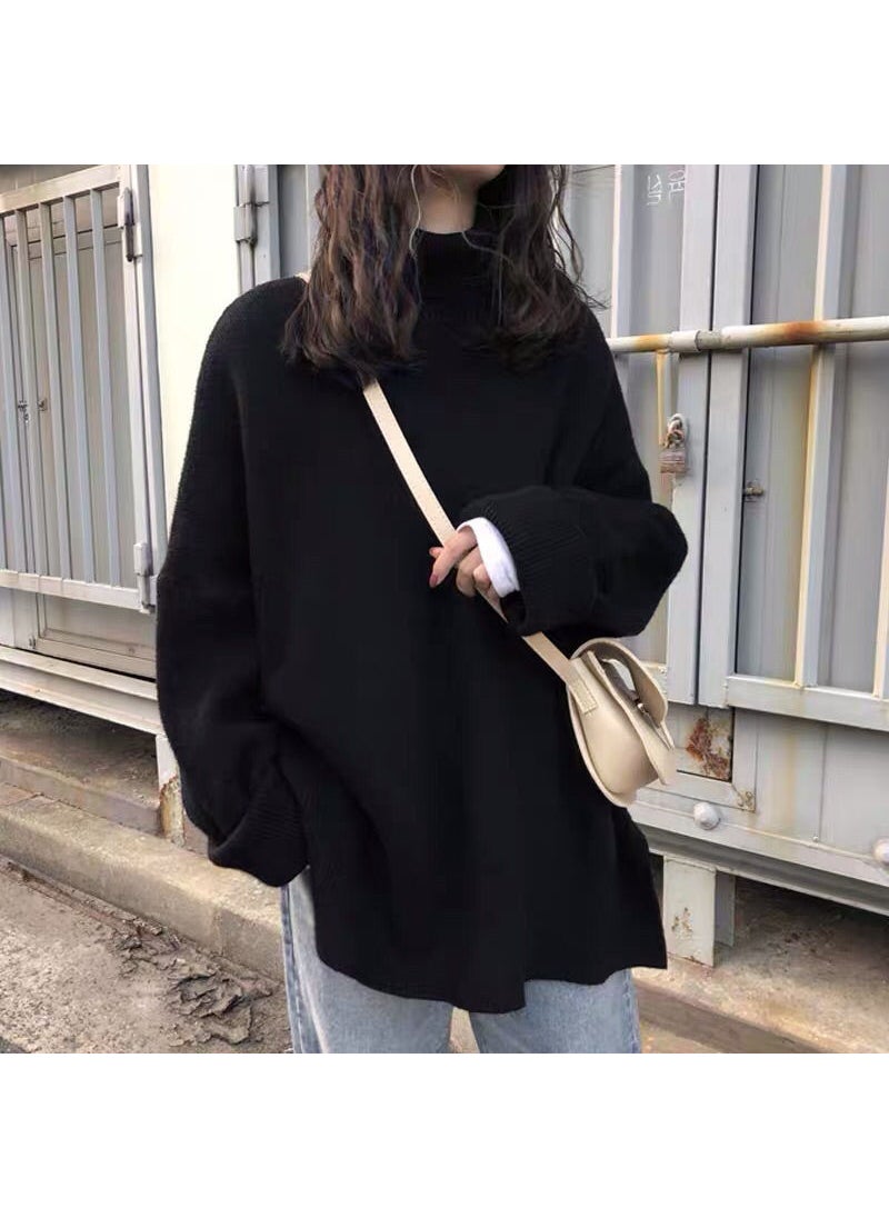 New Black Turtleneck Sweater Loose Fit Thick Korean Style for Women Black