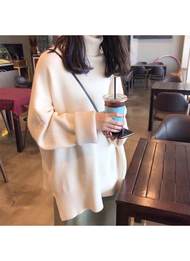 New Black Turtleneck Sweater Loose Fit Thick Korean Style for Women Milky white