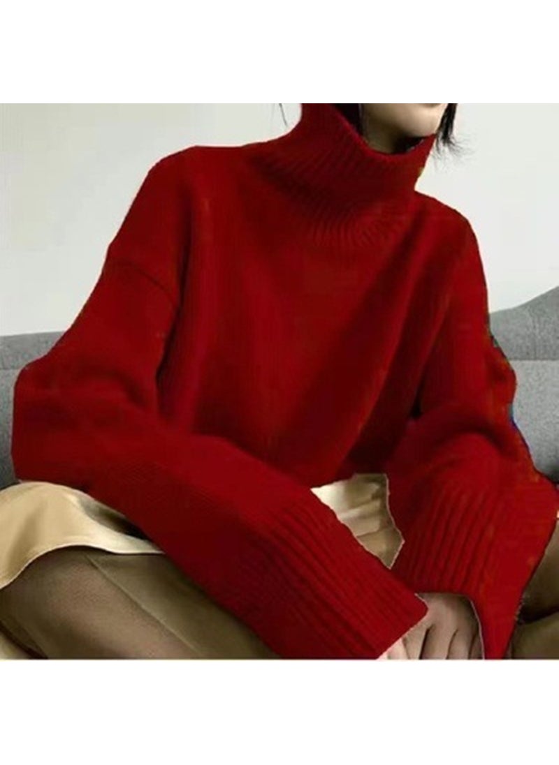 Autumn Winter High Neck Loose Knit Sweater Wine red