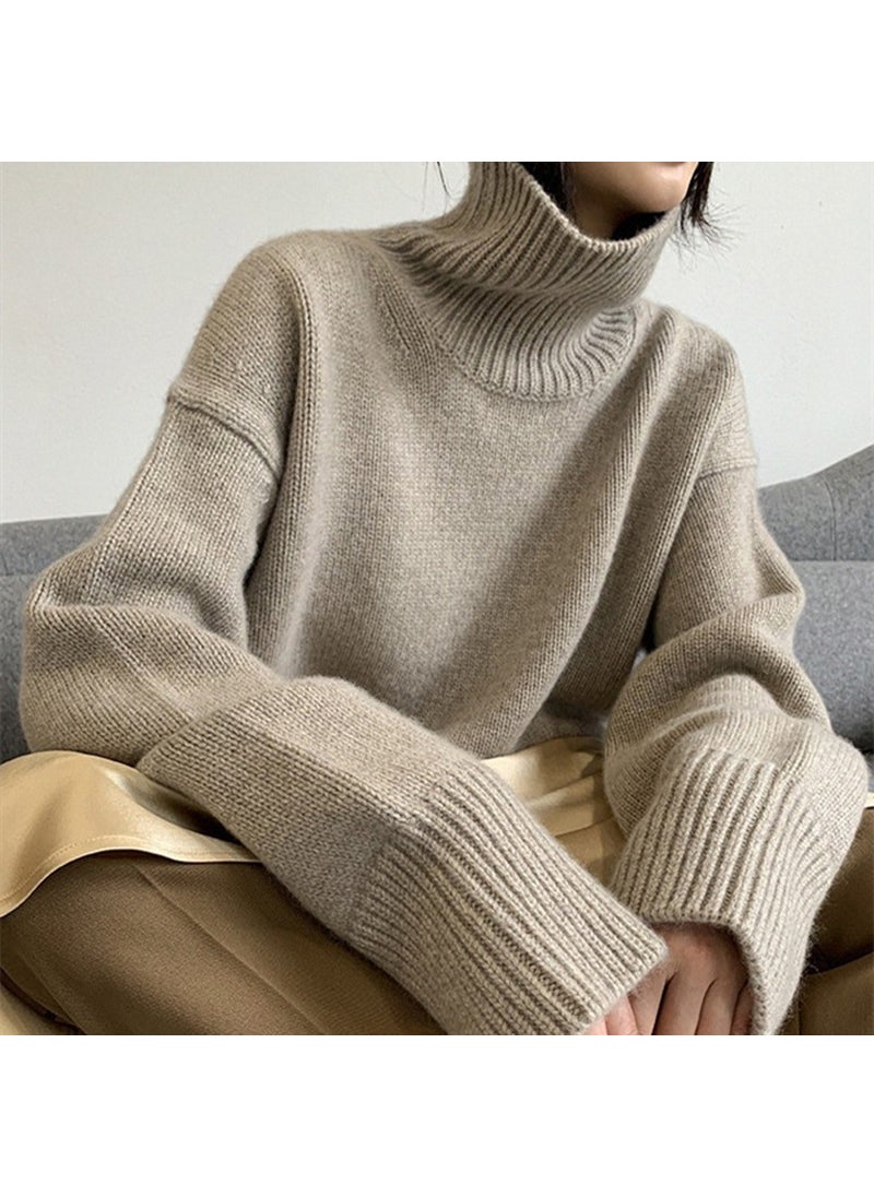 Autumn Winter High Neck Loose Knit Sweater Camel