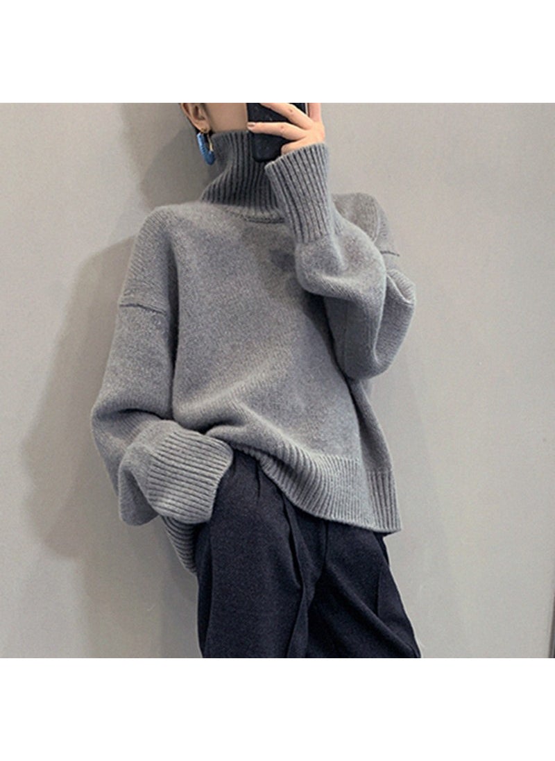 Autumn Winter High Neck Loose Knit Sweater Gray