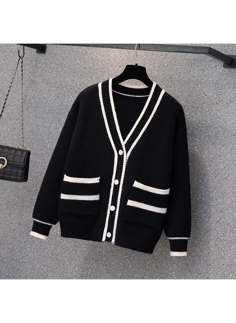 2023 Chic Cardigan Knitwear Ladies Loose Fit Korean-style All-match Sweater Black