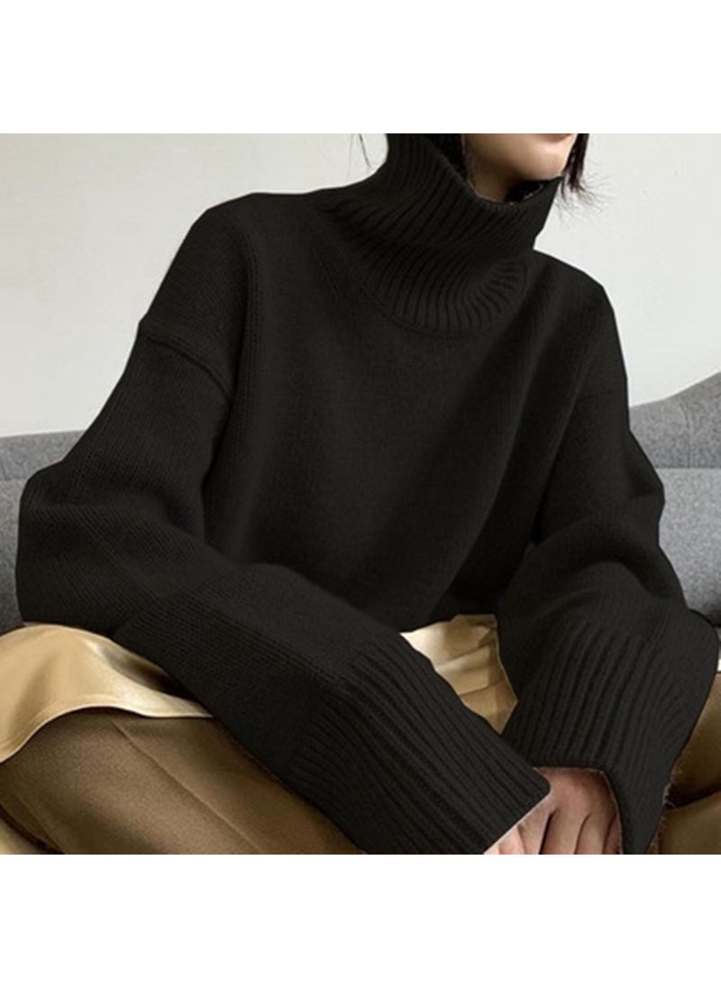 Autumn Winter High Neck Loose Knit Sweater Black