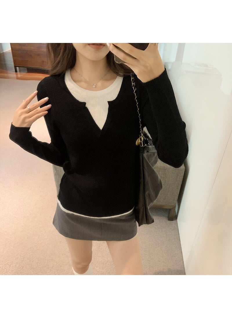 Autumn Winter Lazy Contrast Knit Sweater Black