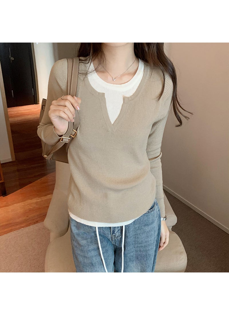 Autumn Winter Lazy Contrast Knit Sweater Apricot