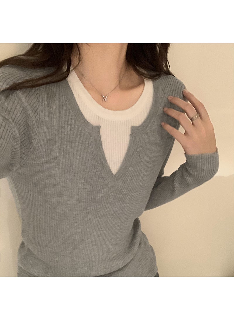 Autumn Winter Lazy Contrast Knit Sweater Gray