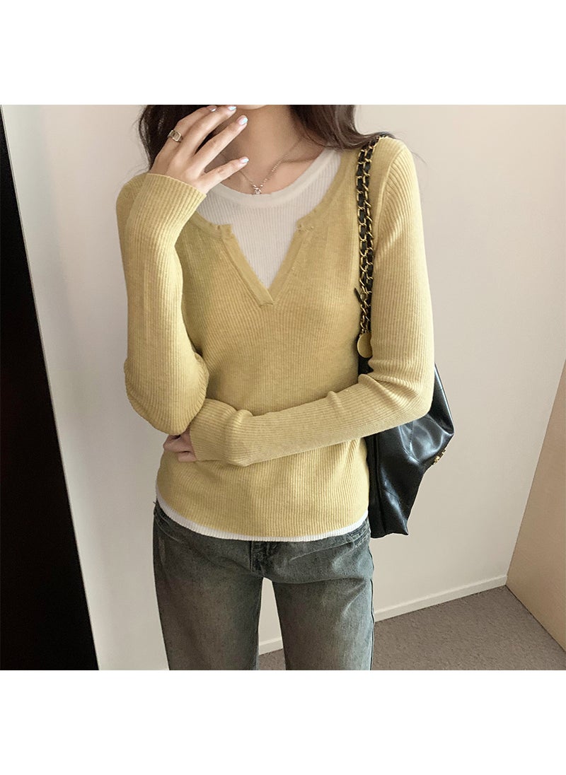 Autumn Winter Lazy Contrast Knit Sweater Yellow