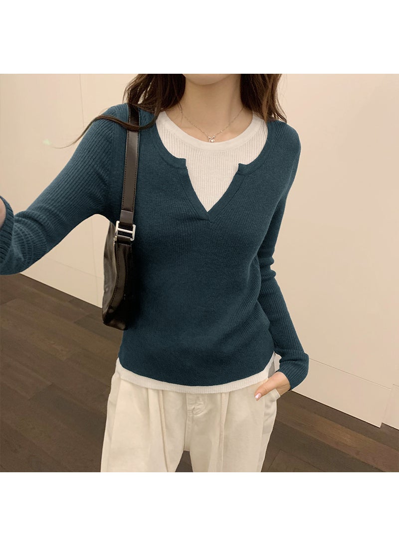 Autumn Winter Lazy Contrast Knit Sweater Blue