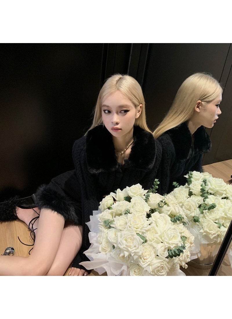 Spicy Girl Faux Fur Collar Knit Cardigan Black