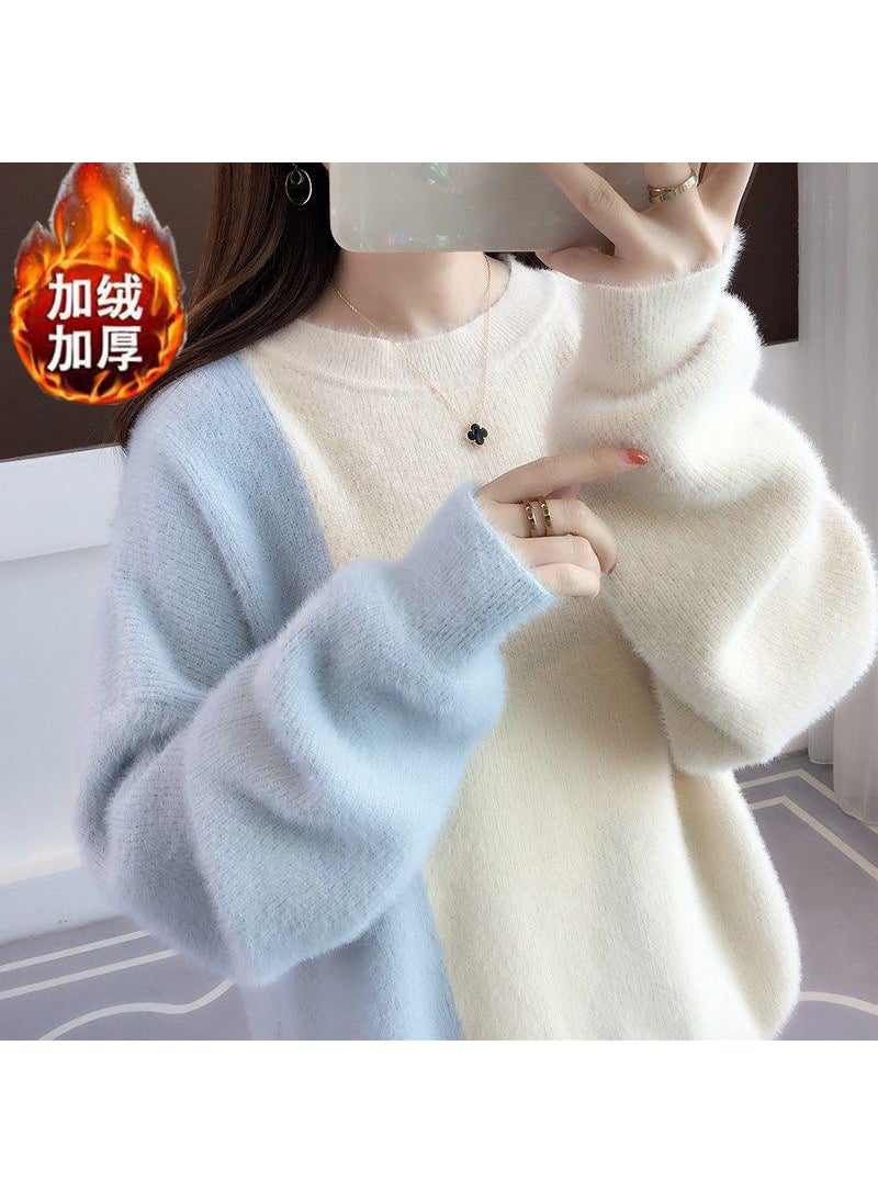 Thick Plush Velvet Sweater Women Autumn Korean Style Blue fleece-lined thickened