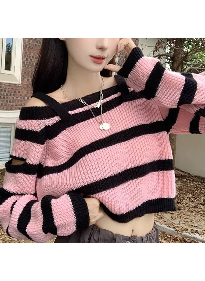 Sweet Spicy Knit Top Striped Off-Shoulder Sleeve Pink stripe