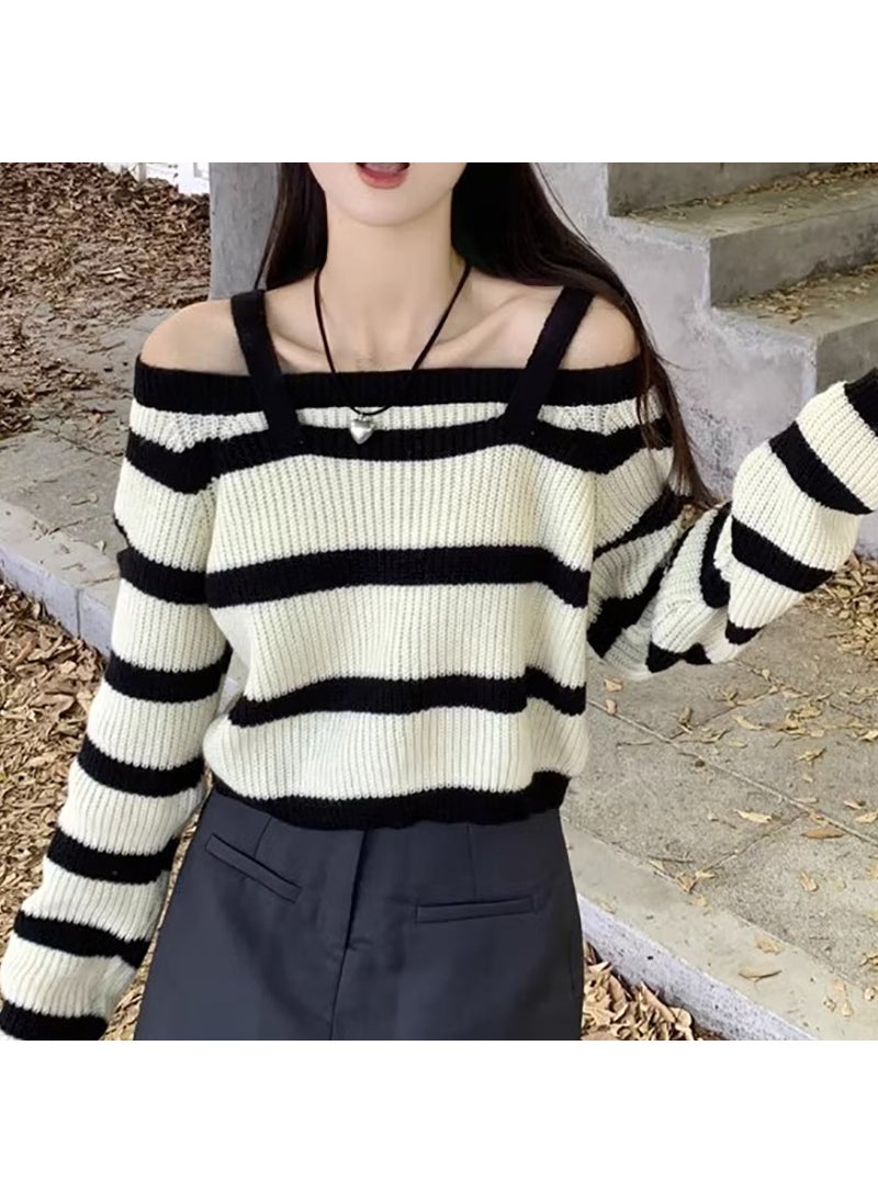 Sweet Spicy Knit Top Striped Off-Shoulder Sleeve Beige Stripes