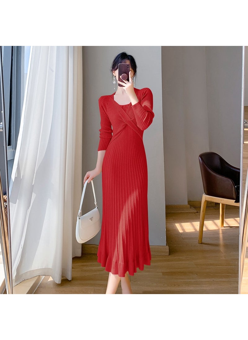 Korean Style Sweater Dress Womens Autumn/Winter Red