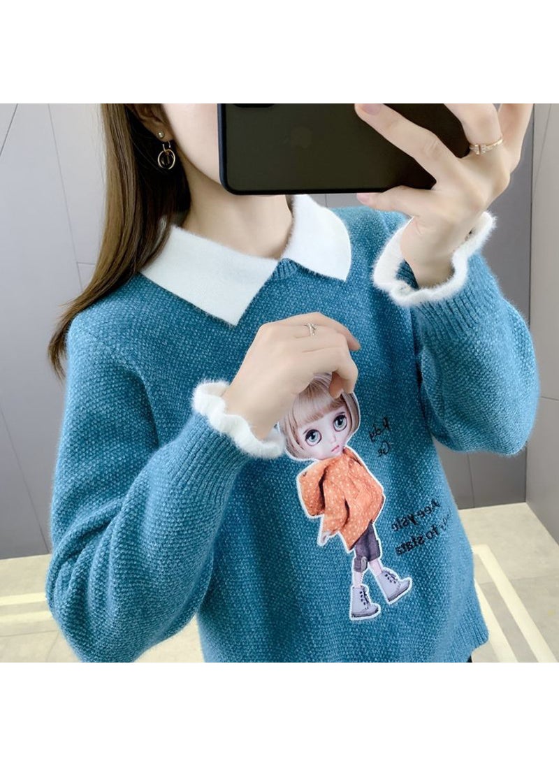 Chenille Cartoon Doll Plush Knit Sweater Autumn Winter 1417 Blue