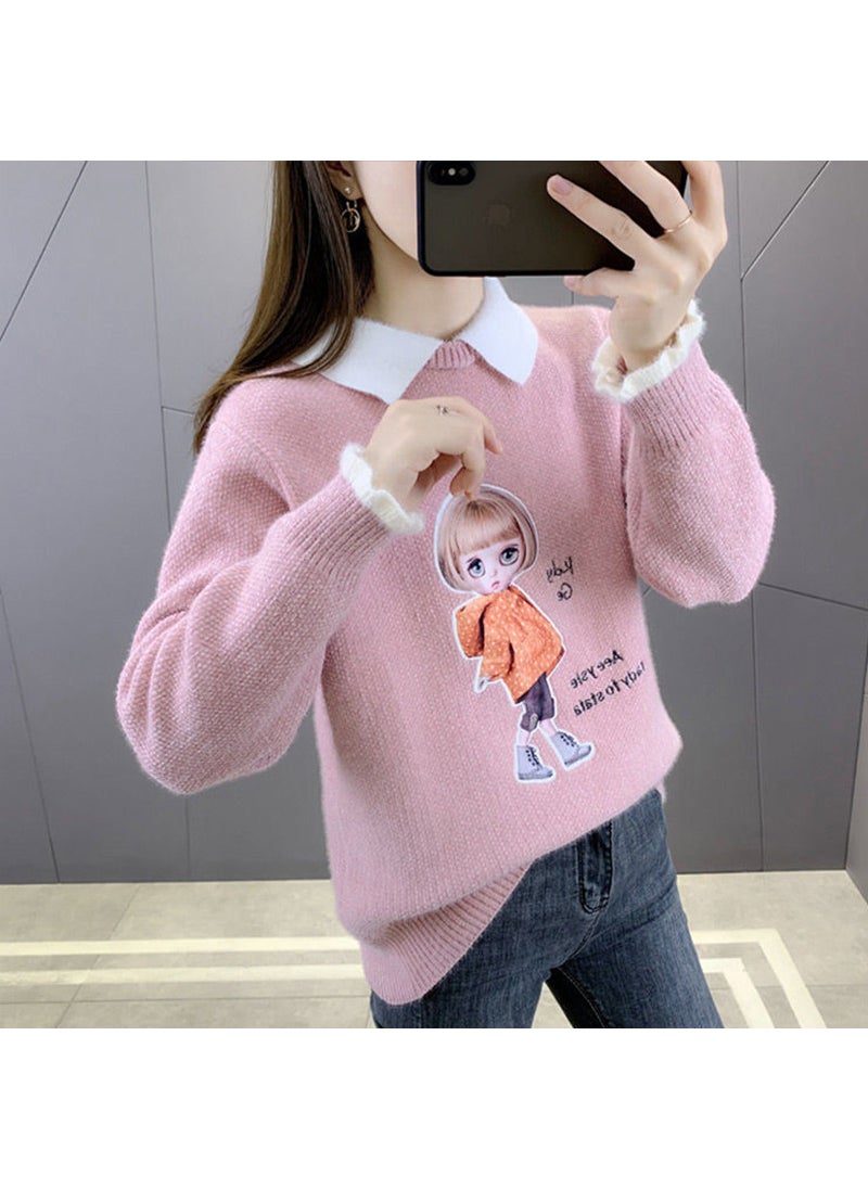 Chenille Cartoon Doll Plush Knit Sweater Autumn Winter 1417 pink