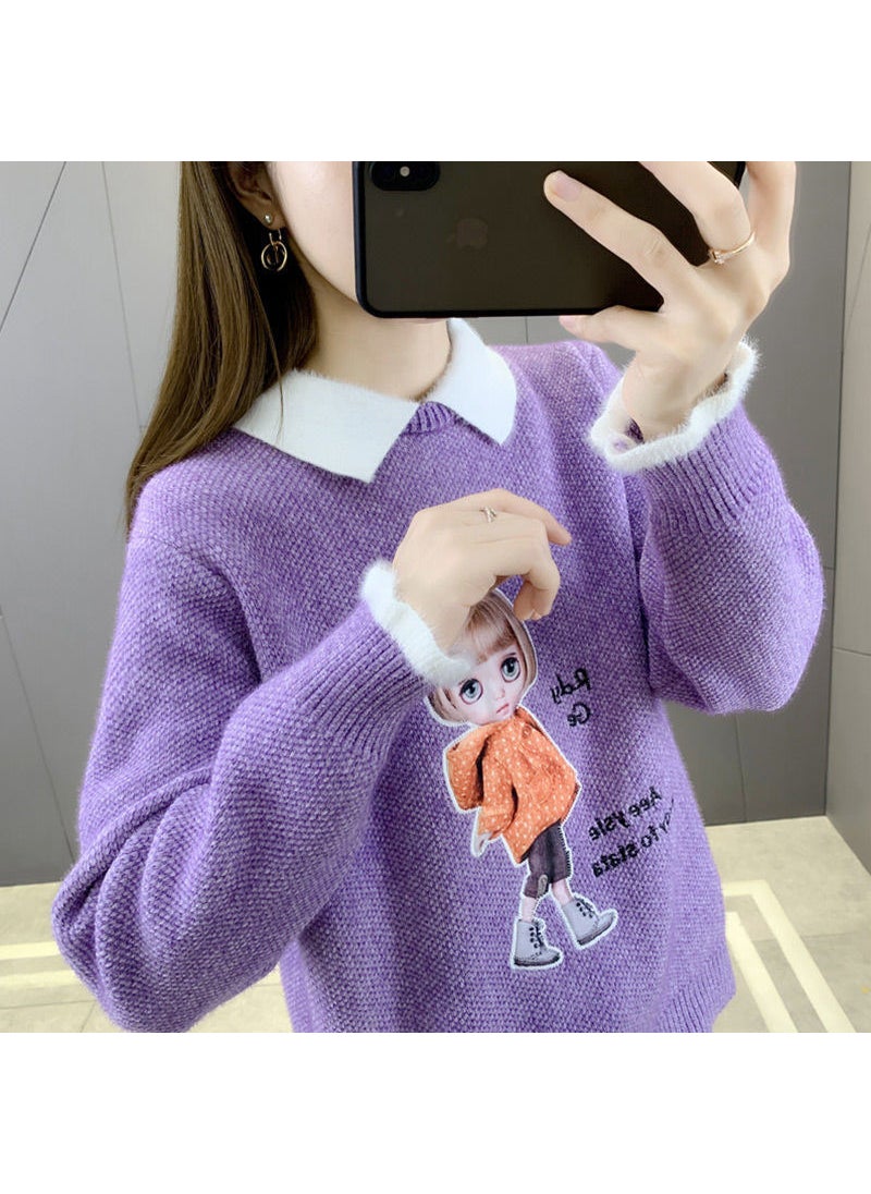 Chenille Cartoon Doll Plush Knit Sweater Autumn Winter 1417 purple