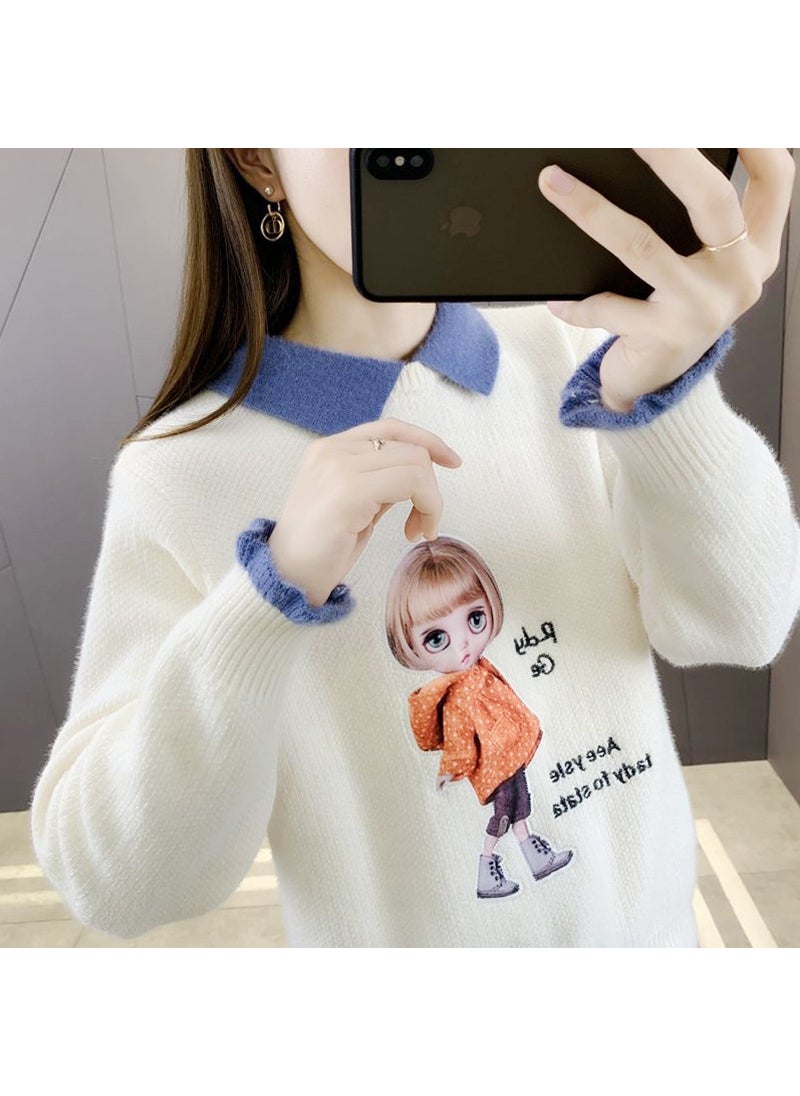 Chenille Cartoon Doll Plush Knit Sweater Autumn Winter 1417 creamy-white